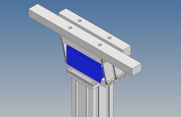 Linearförderer VLF12 mit Linearschiene Technische Zeichnung Linearförderer VLF12 mit blauer Unterlage und zwei oberen Schienen.